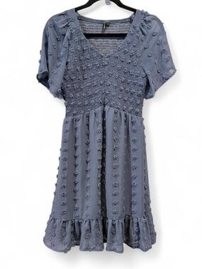 Smocked V-Neck Midi Dress in Dusty Blue
